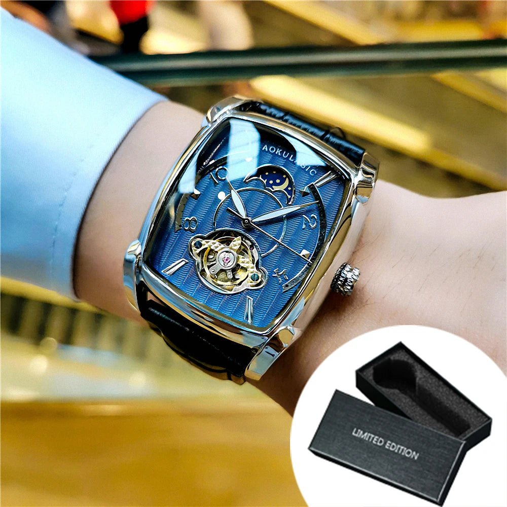 Moon Phase Automatic Watch for Men Luxury Brand Tourbillon Skeleton Mechanical Watch Leather Belt - Buy That Thang