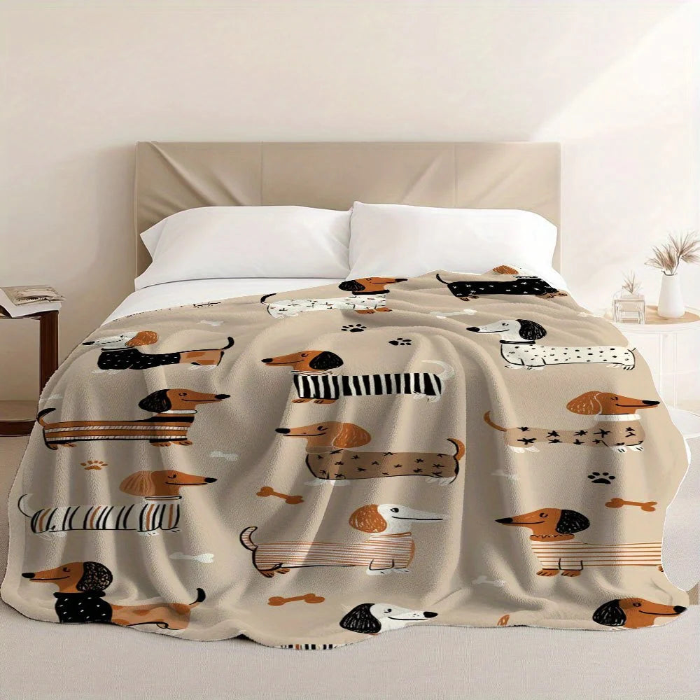 1 Dachshund Print Flannel Blanket - Brown, Black, and White Comfortable Dog Pattern for Home or Travel, Suitable for All Seasons