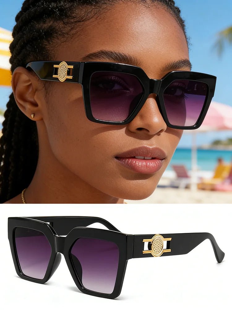 Women's Oversized Square Sunglasses 2026 Trending Black Thick Frame Gradient Purple Lenses Gold Sun Emblem Luxury Inspired UV400 - Buy That Thang