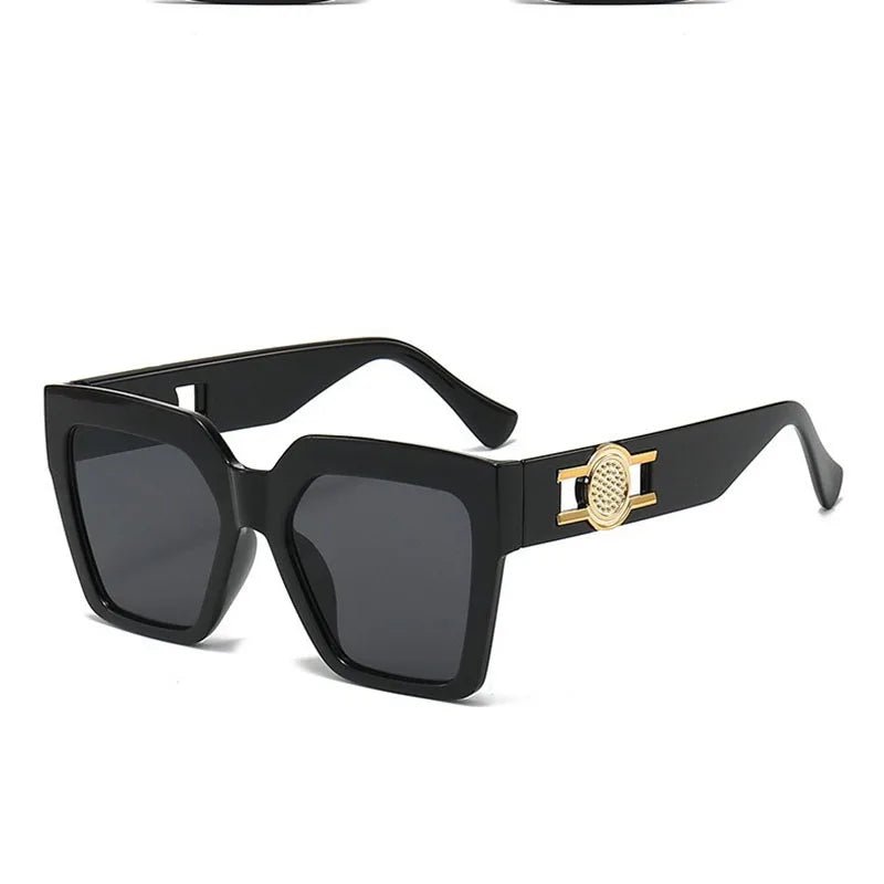 Women's Oversized Square Sunglasses 2026 Trending Black Thick Frame Gradient Purple Lenses Gold Sun Emblem Luxury Inspired UV400 - Buy That Thang
