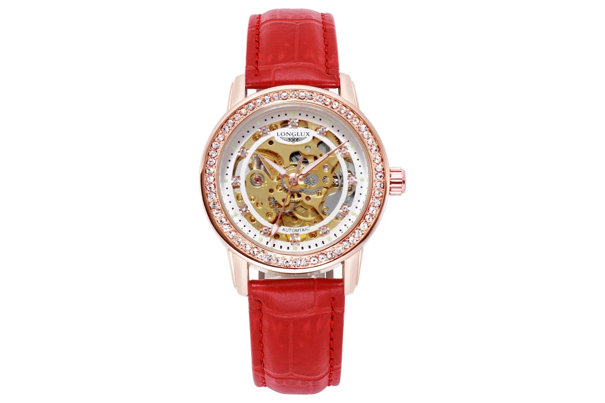 Women automatic watch elegant diamond skeleton fashion cute mechanical watches leather dainty waterproof luxury gifts - Buy That Thang