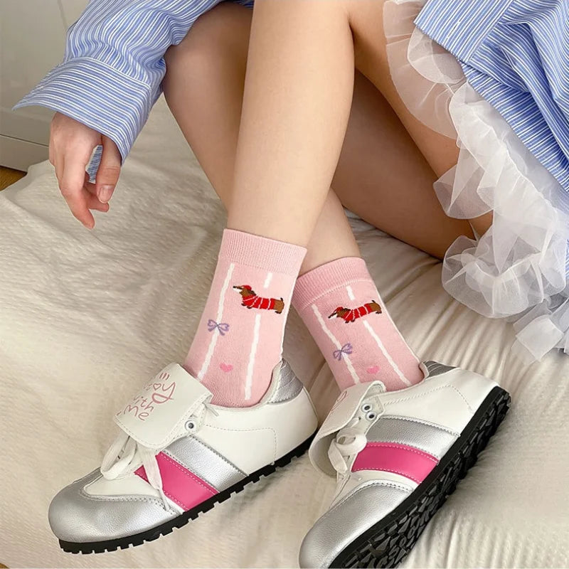 Cartoon Dachshund Women's Mid-Calf Socks Spring Summer Cotton Kawaii Cute Crew Socks Trendy Fashion Novelty Socks for Girls