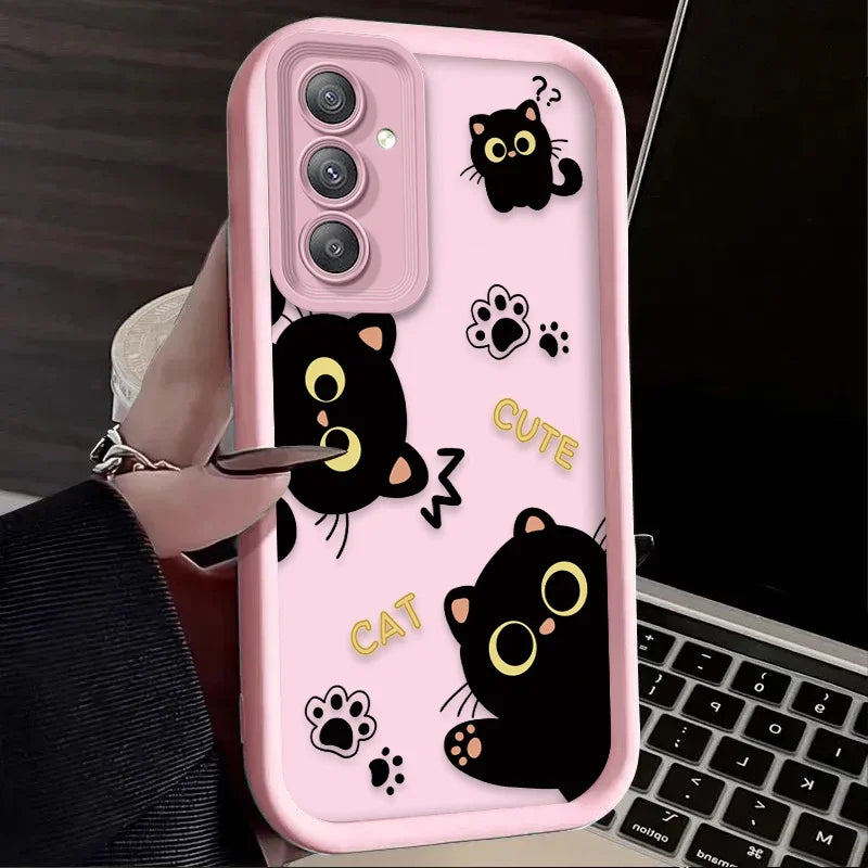 Lovely Black Cat Love Heart Phone Case For Samsung Galaxy A14 A15 5G S21 S22 S23 S24 FE Plus Ultra A25 A35 A52 A53 A54 A55 Cover