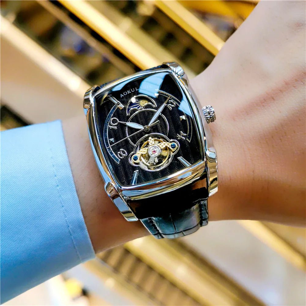 Moon Phase Automatic Watch for Men Luxury Brand Tourbillon Skeleton Mechanical Watch Leather Belt - Buy That Thang
