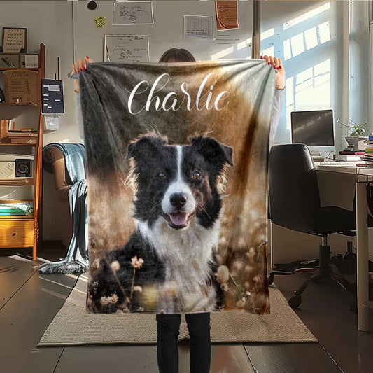 Personalized dog blanket with soft polyester fiber pet portrait.  Add Name Only
