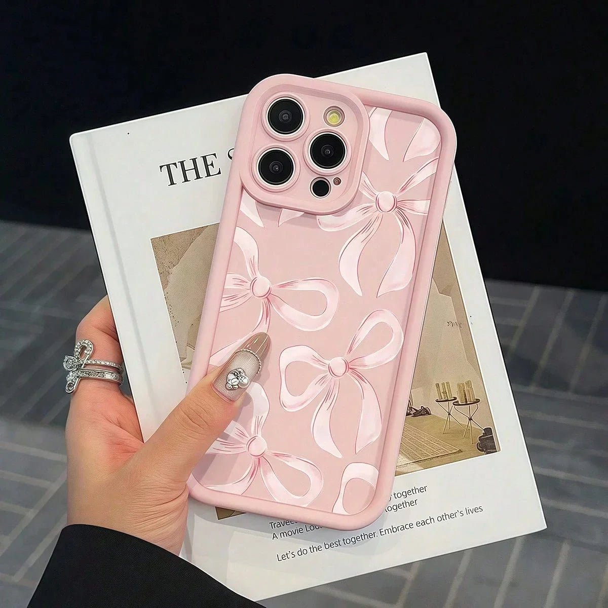 1 Piece Pink Straight Edge Step Pattern Bow Design Protective Phone Case for iPhone 11 12 13 14 15 16 17Pro Max Plus - Buy That Thang