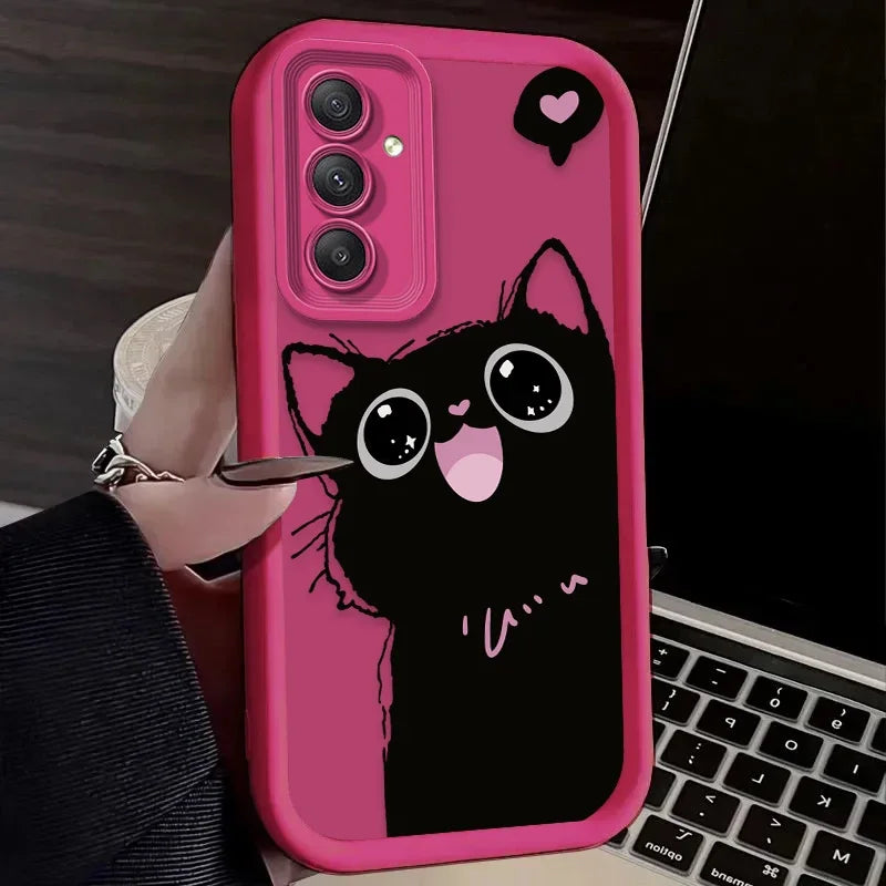 Lovely Black Cat Love Heart Phone Case For Samsung Galaxy A14 A15 5G S21 S22 S23 S24 FE Plus Ultra A25 A35 A52 A53 A54 A55 Cover