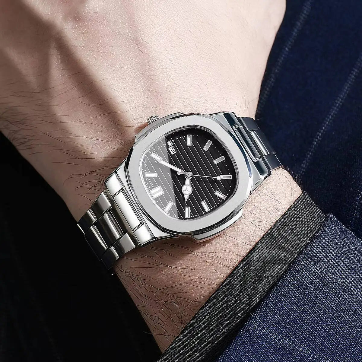 Luxury Men Business Watches Fashion Square Dial Stainless Steel Strap Quartz Watch with Calendar For Mens Clock（Without Box） - Buy That Thang