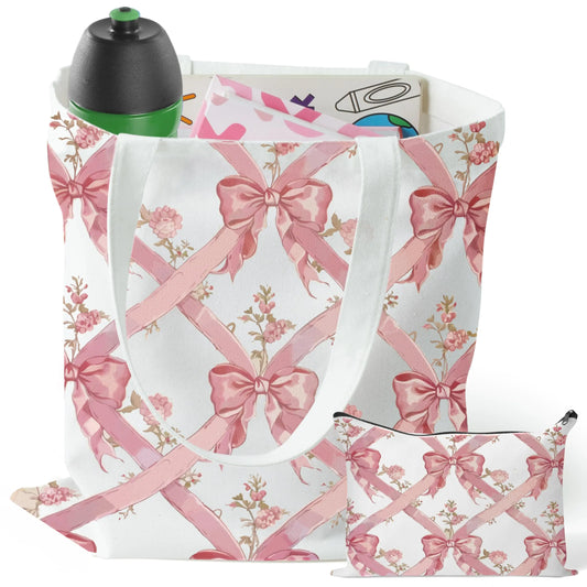 Y1tvei Coquette Bow Tote Bag - 2Pcs Aesthetic Pink Bow Floral Makeup Bag Set Cute Pink Bow Canvas Tote Bag Foldable Reusable Grocery Folding Shopping Bag Coquette Stuff Zipper Pouch Gifts for Women - Buy That Thang