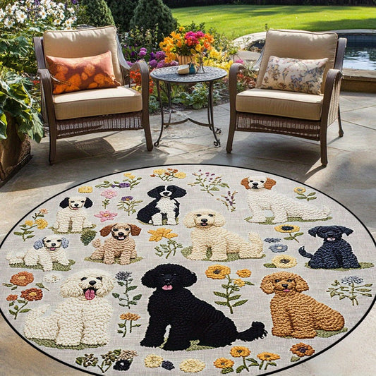1pc Vintage Dog & Floral Area Mat - Large Round Washable Polyester Mat with & Dog Design, Non - Slip Backing, & Brown Floral Pattern, Machine - Made Indoor/Outdoor Mat for, Living Room Bedroom Entryway Decor, Outdoor Rugs - Buy That Thang