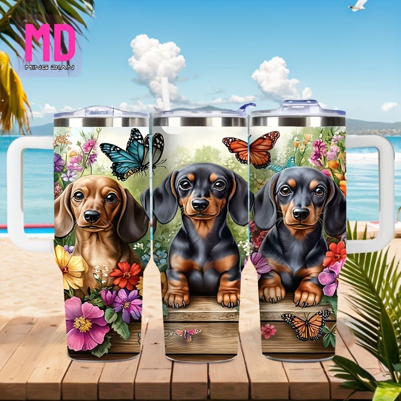 40oz Large Dachshund - Themed Vacuum Insulated Mug with Cute Dachshund Puppies & Bone Patterns, Leakproof Lid & Handle - Double - Wall Insulation for Hot/Cold Drinks, Travel Coffee Cup for Dog Lovers, Outdoor, Camping,, Gift, Cof - Buy That Thang