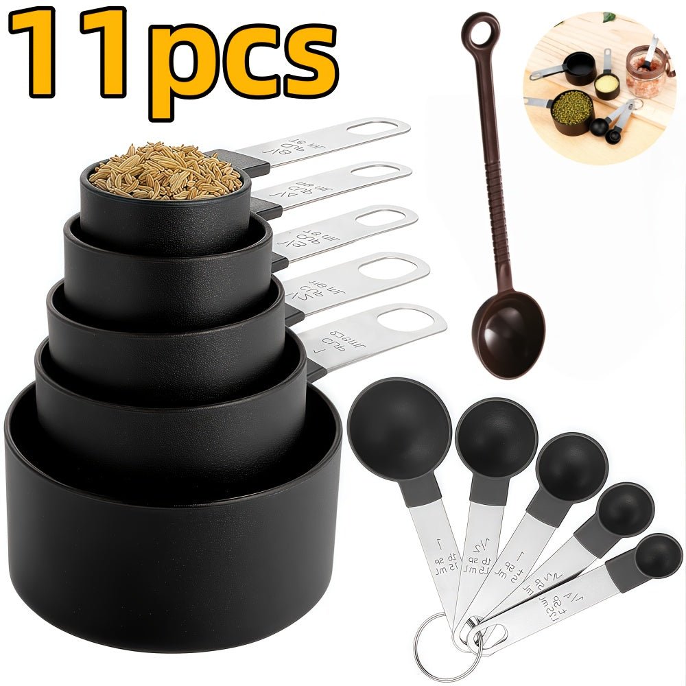 11pcs Stackable Measuring Cup and Spoon Set with Stainless Steel Handle - Durable Plastic Kitchen Tools, Clear Measurement Markings, Space - Saving Design for Precise Cooking, Baking, and Liquid/Dry Ingredient Measurements - Id - Buy That Thang