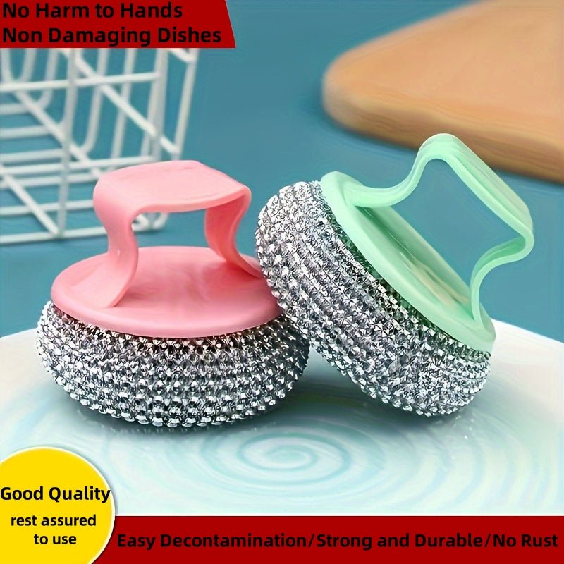 1pc Stainless Steel Cleaning Brush - Ergonomic Handle, Reusable Scrubbing Ball for Cookware, Kitchen, Bathroom, Floor and Outdoor Use, Durable Plastic and Metal Bristles, No Electricity Required, Multifunctional Scrubbing Bal - Buy That Thang