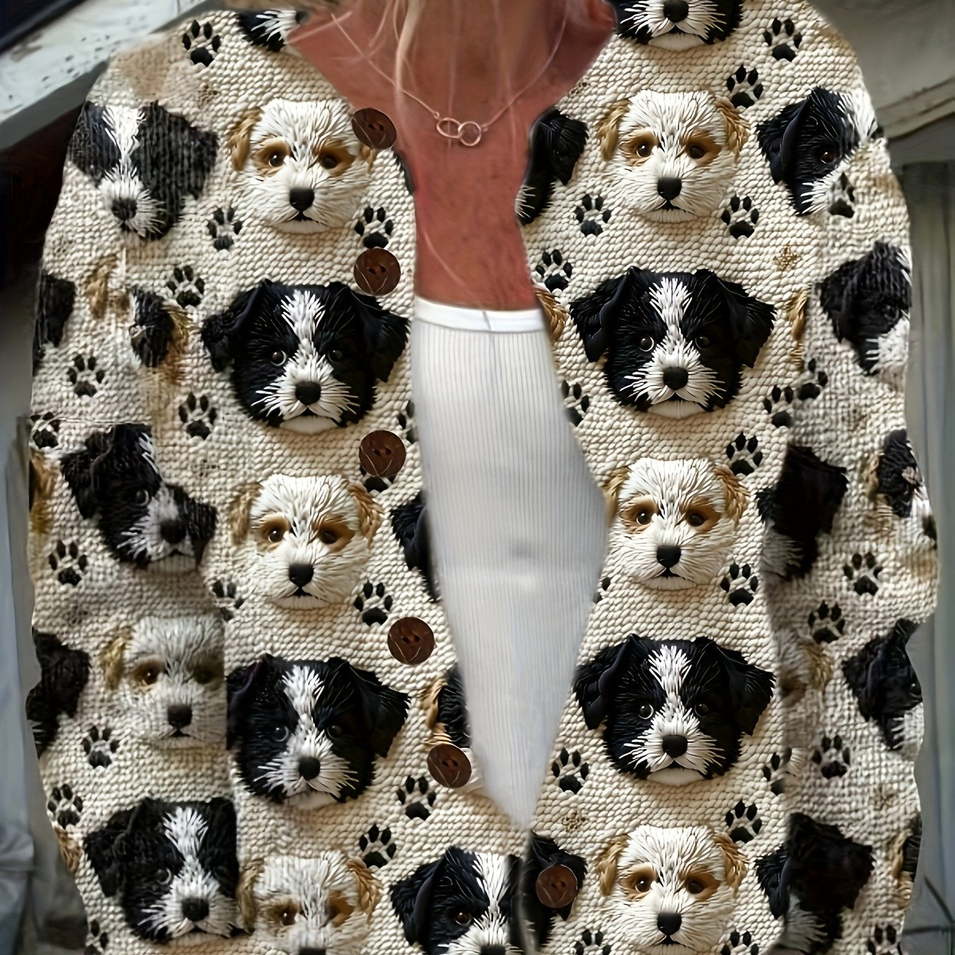 Women'S 3D Printed Cute Puppy Pattern Casual Cardigan - Fashionable Round Neck All-over Print Long Sleeve Coat, Front Button, Soft Fabric Sweater, Lightweight Four-season Outerwear, And Fashionable