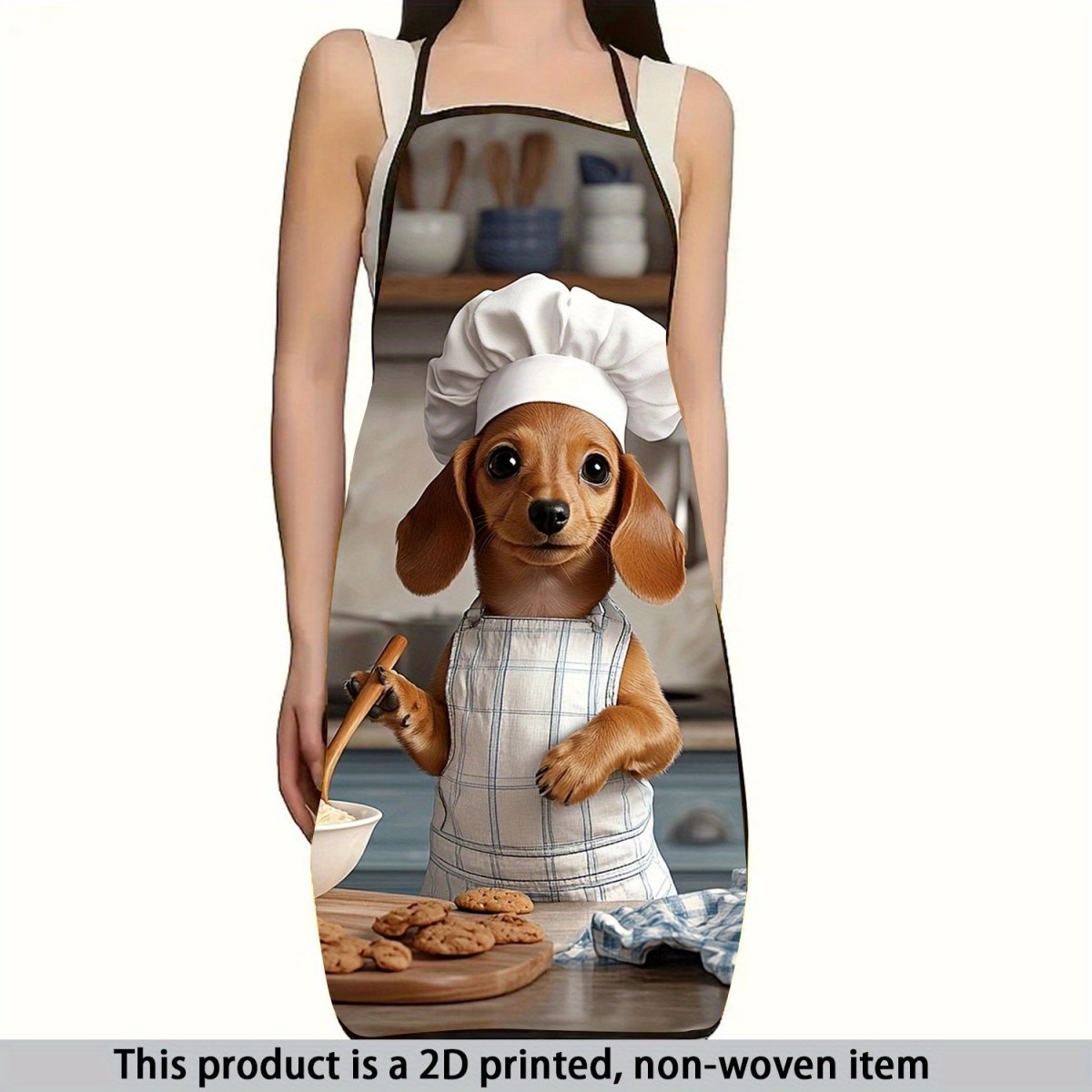 1pc Cute Dachshund Chef Apron - 2D Printed with Hat and Utensils, Polyester Baking Gardening Apron, Home Decor Holiday Gift - Buy That Thang