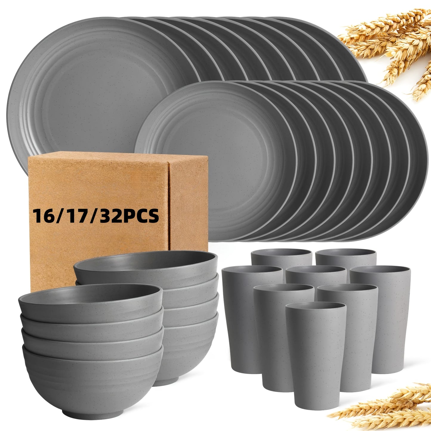 [Unbreakable Dinnerware Set] 32/17/16pcs Wheat Straw Dinnerware Set | Service For 8/4, Large Size Modern Dish Set-Plate/Dessert Plate/Bowl/Cup, Lightweight Tableware, Perfect For Camping, Gifts For Christmas/Halloween, Local