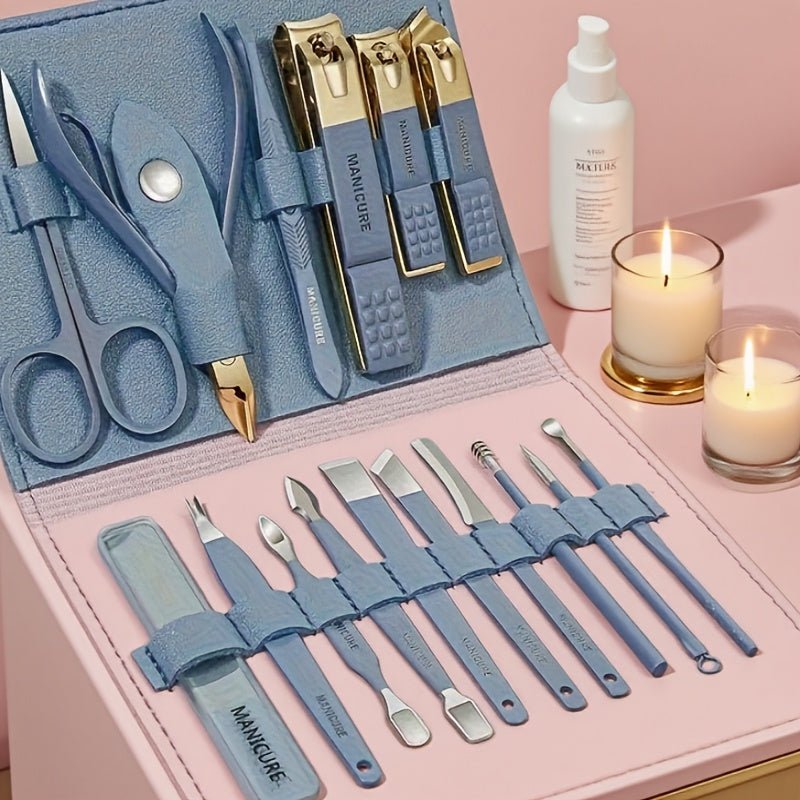 1 Set 16pcs Professional Stainless Steel Nail & Foot Care Set with Straight - Edge Nail Files, Ear Picker, Scissors, Nail Polish Remover, Nail Polish Brushes - Buy That Thang