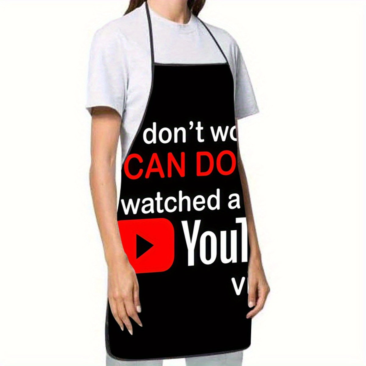 1pc Funny "Don't Worry, I Can Do This" YouTube-Inspired Polyester Apron for Cooking, Baking & Grilling - Black with Red Play Button Design, Adjustable Neck Strap, Perfect Kitchen Gift for Adults, Grilling Apron