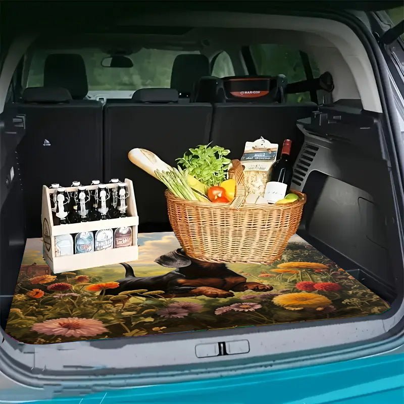 [Vibrant Dachshund Car Mat] 1pc Vibrant Garden Scene Large Dachshund Car Trunk Mat | Durable, Easy to Clean, Fit for All Vehicles, Playful Design with Flowers & Butterflies, Washable Material - Buy That Thang