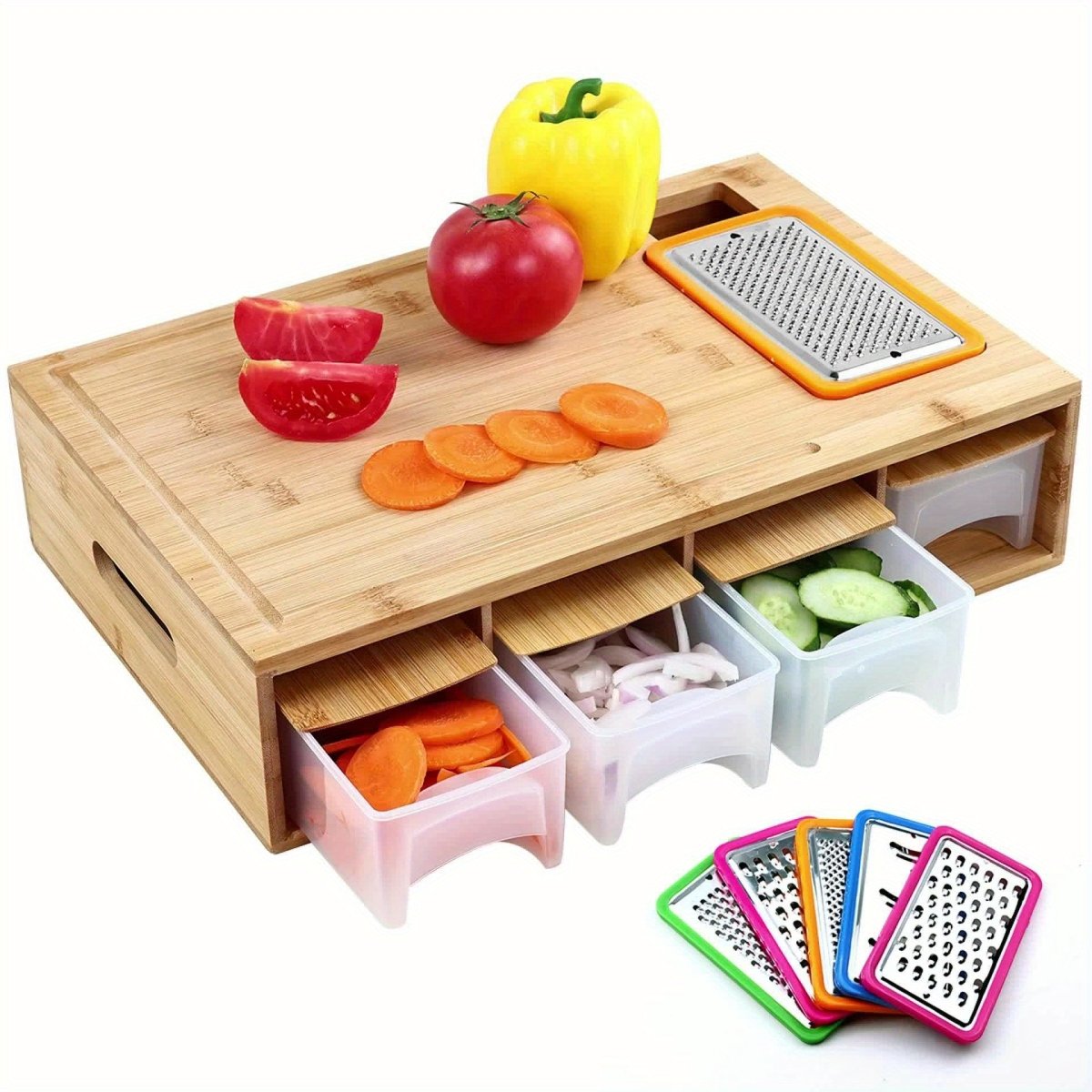 Bamboo Cutting Board Wooden Cutting Board with Food Container Storage Box Cheese Shredder and Juice Tank Suitable for Vegetables Cheese and Meat Type Wooden Cutting Board with Container Food Drop Area Carving Board with Easy - Buy That Thang