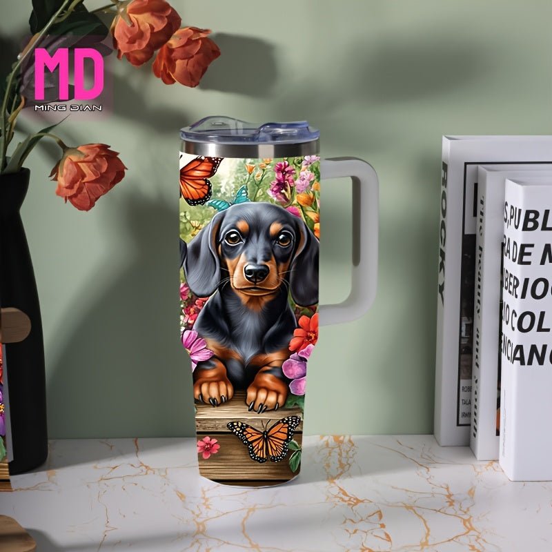 40oz Large Dachshund - Themed Vacuum Insulated Mug with Cute Dachshund Puppies & Bone Patterns, Leakproof Lid & Handle - Double - Wall Insulation for Hot/Cold Drinks, Travel Coffee Cup for Dog Lovers, Outdoor, Camping,, Gift, Cof - Buy That Thang