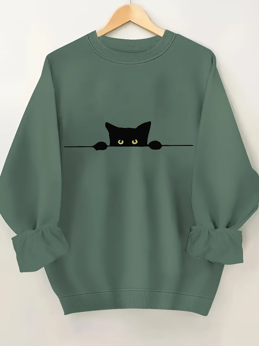 Women's Black Cat Print Sweater Blending Gray - Loose Fit Fall Winter Warm Pullover, Machine Washable Sweater with Rib - Cuff & H - Line Silhouette, Casual Streetwear Sweaters for Layering (Comfortable Loose - Fit Sweater) - Buy That Thang