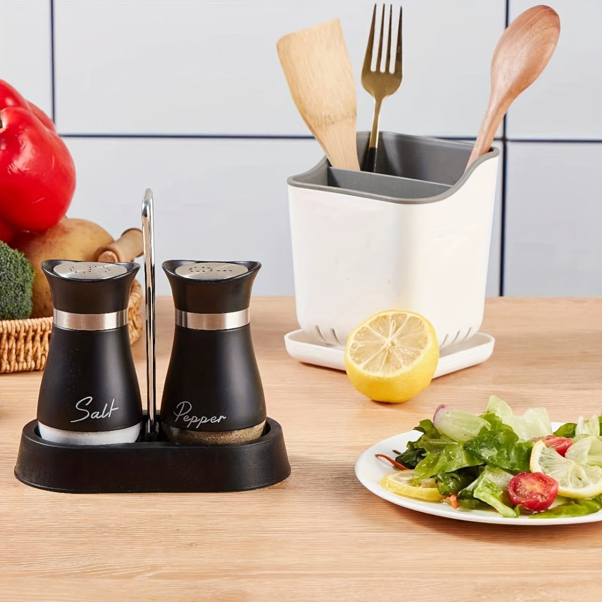 (1 Stand + 2 Bottles) A Set of Salt And Pepper Shakers, Shaker Bottles. Salt And Pepper Containers with a Glass Base, Featuring a Stable Stand, Suitable for Kitchen Tools, Cooking Tables, Rvs, Camping, Barbecues, And Seasonin - Buy That Thang