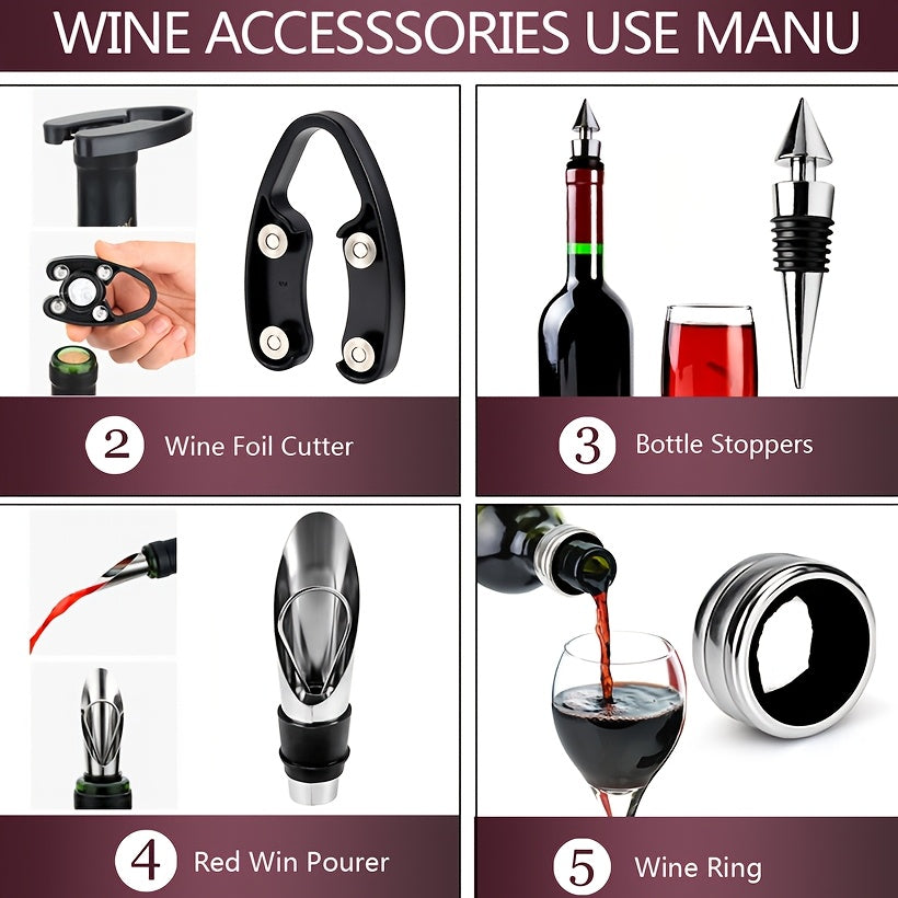 [Wine Opener Set] 5pcs Red Wine Bottle Opener Set | Bottle Opener+Preserving Stopper+Paper Cutter+Pourer+Drip Stopper - Color Box Packaging for Christmas New Year Wedding Gifts