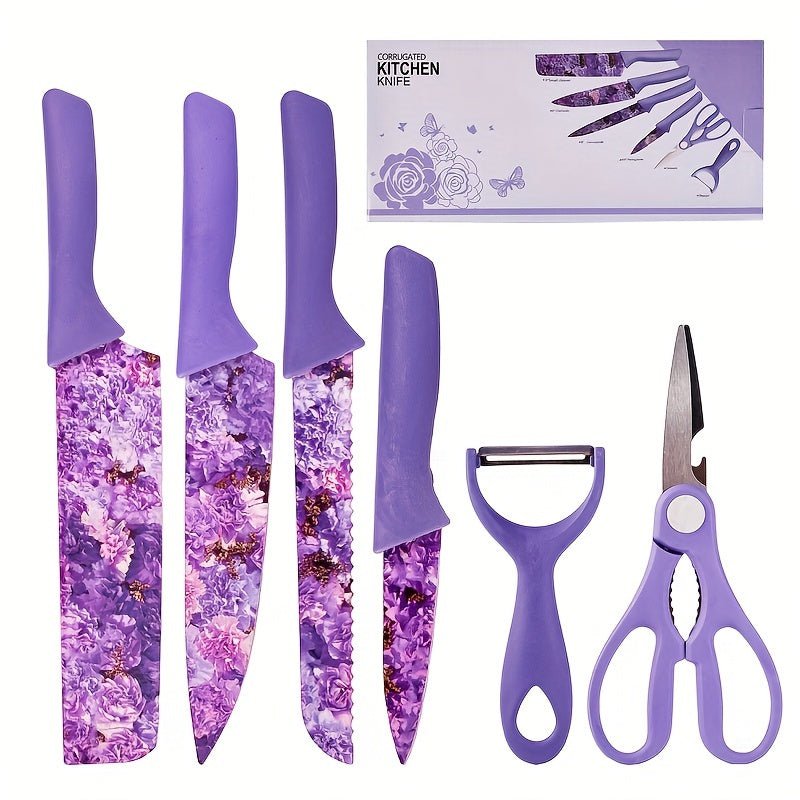 6pcs Jasmine Flower Pattern Kitchen Knife Set Colorful Printing, High Carbon Stainless Steel Blades, Ergonomic Handles, Sharp Meat Cleaver, Serrated Bread Knife, Precise Scissors, Peeler - Perfect Cooking Gifts for Women And - Buy That Thang