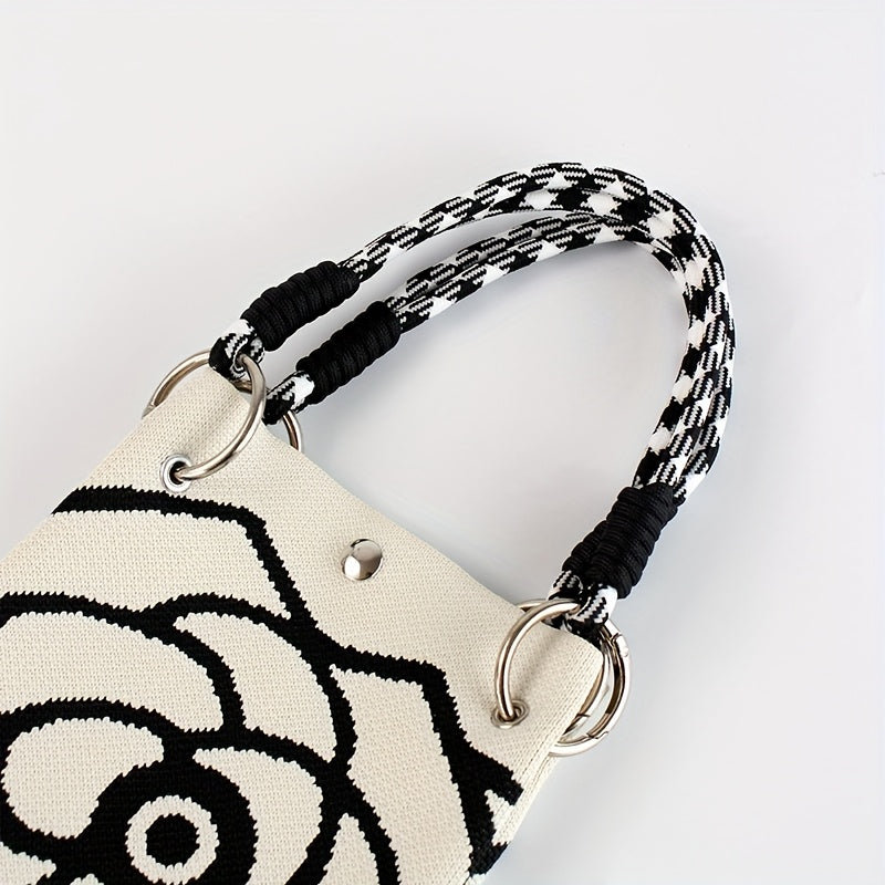 Ladies' Floral Knitted Handbag - Made of durable polyester, with a fixed shoulder strap and magnetic closure. The spacious white and black pattern design is suitable for travel, outdoor activities, and daily use - An eterna