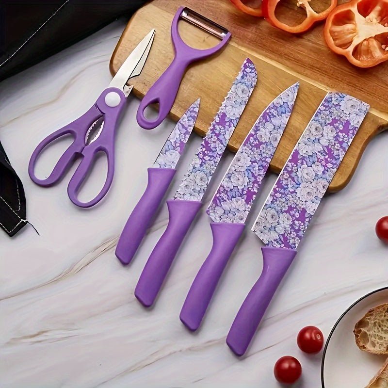 6pcs Jasmine Flower Pattern Kitchen Knife Set Colorful Printing, High Carbon Stainless Steel Blades, Ergonomic Handles, Sharp Meat Cleaver, Serrated Bread Knife, Precise Scissors, Peeler - Perfect Cooking Gifts for Women And - Buy That Thang