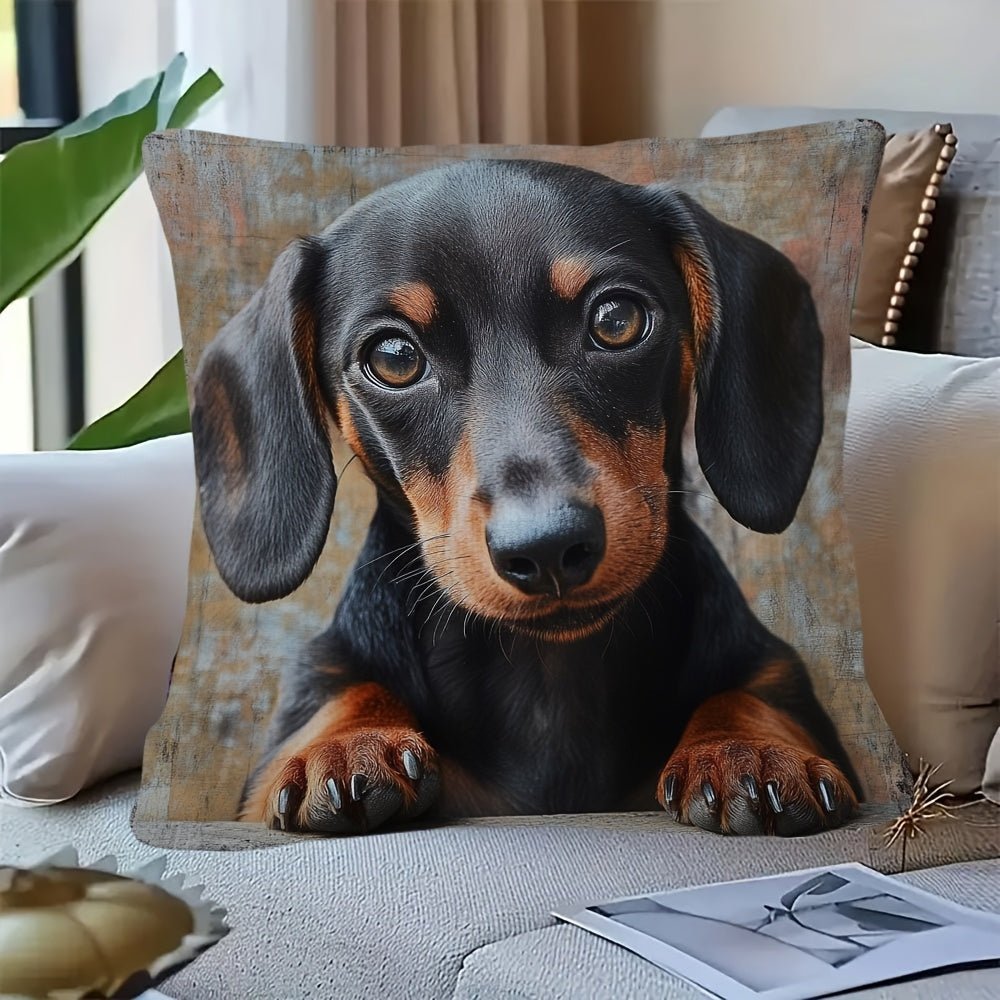 [1pc Dachshund Plush Pillow] Adorable Dachshund Plush Pillow 1pc - 18x18 Inch, Machine Washable, Zippered - Contemporary Style, Polyester, Perfect for Sofa & Bedroom Decor, Dachshund Decor - Buy That Thang