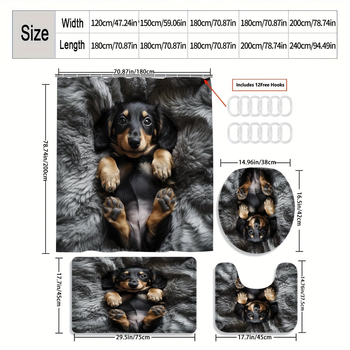 1/3/4pcs Cozy Puppy Shower Curtain Set - Adorable Dachshund Design with, U - Shaped & Toilet Lid Cover, 12 Hooks, 70.87x70.87inch, Polyester, All - Season Use, Dog Lover Home Decor, Dog Lover Gifts, Playful Design, Durable Fabric - Buy That Thang