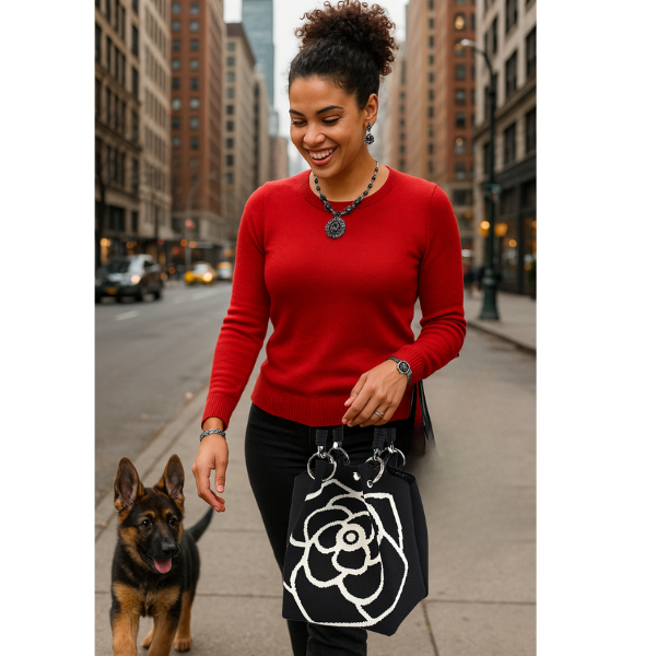 Ladies' Floral Knitted Handbag - Made of durable polyester, with a fixed shoulder strap and magnetic closure. The spacious white and black pattern design is suitable for travel, outdoor activities, and daily use - An eterna