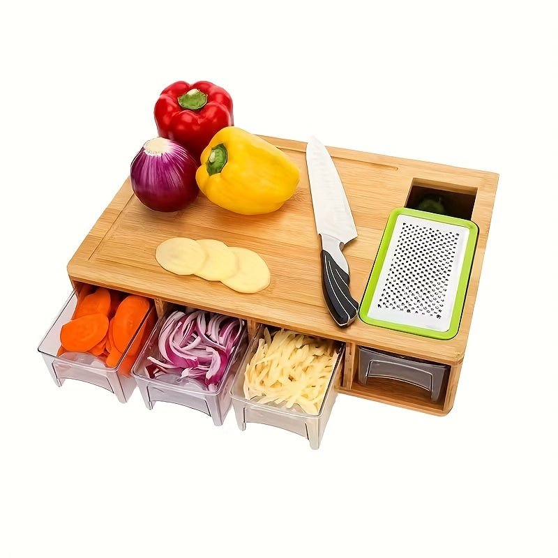 Bamboo Cutting Board Wooden Cutting Board with Food Container Storage Box Cheese Shredder and Juice Tank Suitable for Vegetables Cheese and Meat Type Wooden Cutting Board with Container Food Drop Area Carving Board with Easy - Buy That Thang
