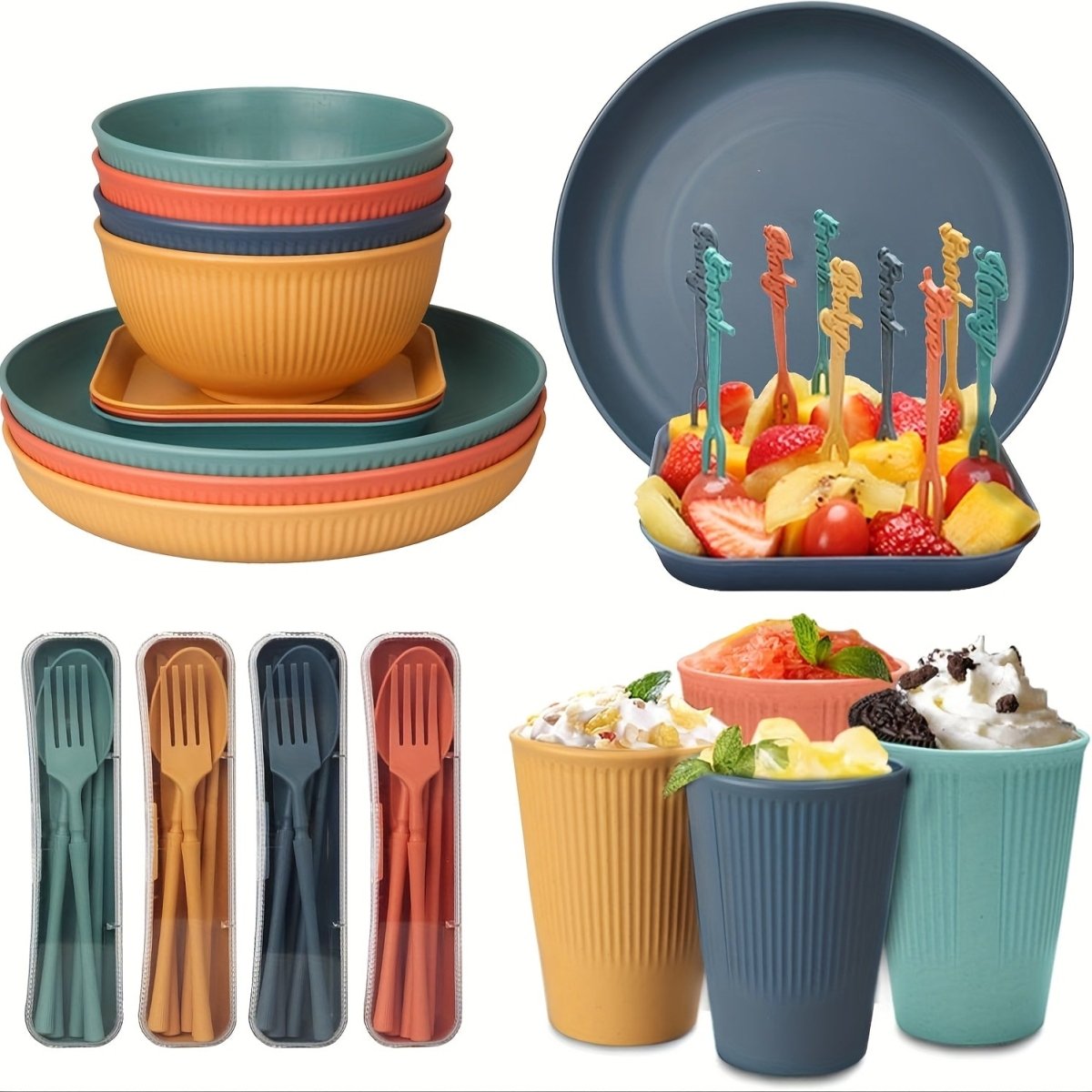 48pcs Dinnerware Sets, Unbreakable Plates And Bowls Sets, Reusable Dinnerware Sets for 4 People, Travel Camping Picnic Home Party Cutlery Set, Dishwasher Microwave Safe Dishes, Perfect for Thanksgiving - Buy That Thang