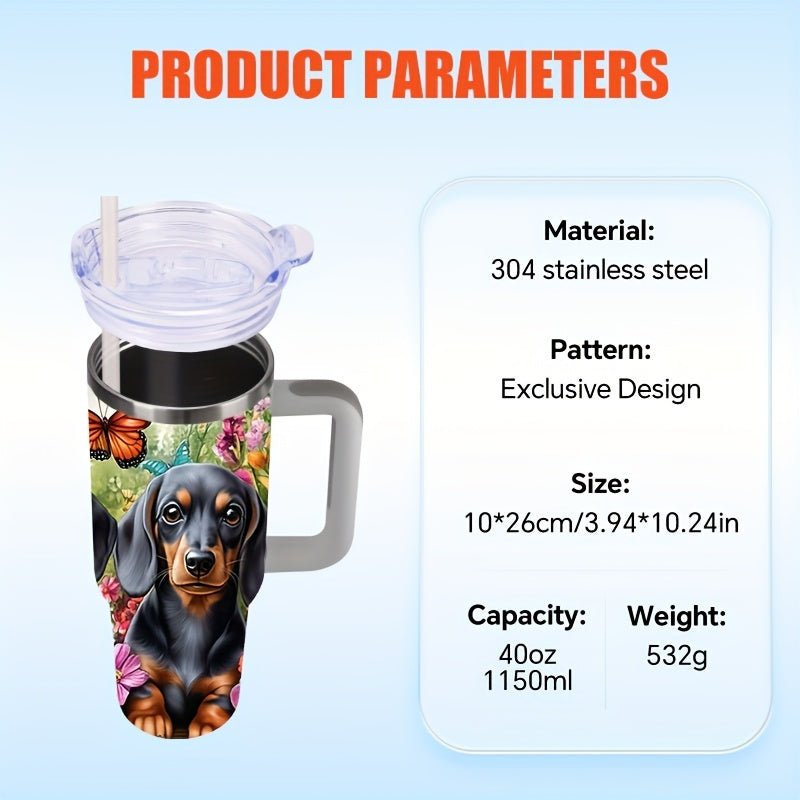 40oz Large Dachshund - Themed Vacuum Insulated Mug with Cute Dachshund Puppies & Bone Patterns, Leakproof Lid & Handle - Double - Wall Insulation for Hot/Cold Drinks, Travel Coffee Cup for Dog Lovers, Outdoor, Camping,, Gift, Cof - Buy That Thang