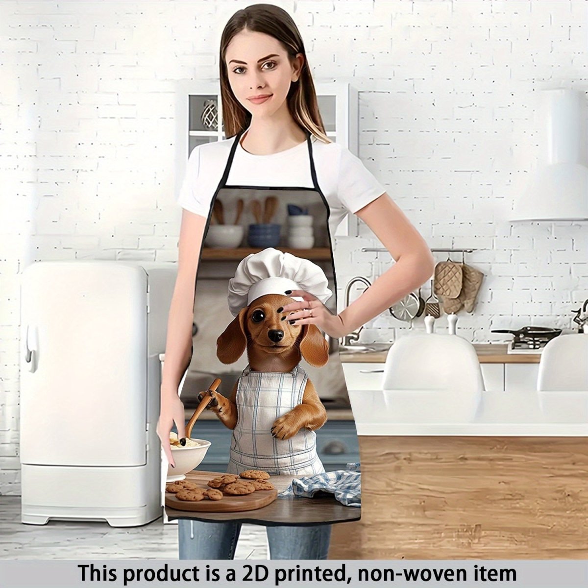 1pc Cute Dachshund Chef Apron - 2D Printed with Hat and Utensils, Polyester Baking Gardening Apron, Home Decor Holiday Gift - Buy That Thang