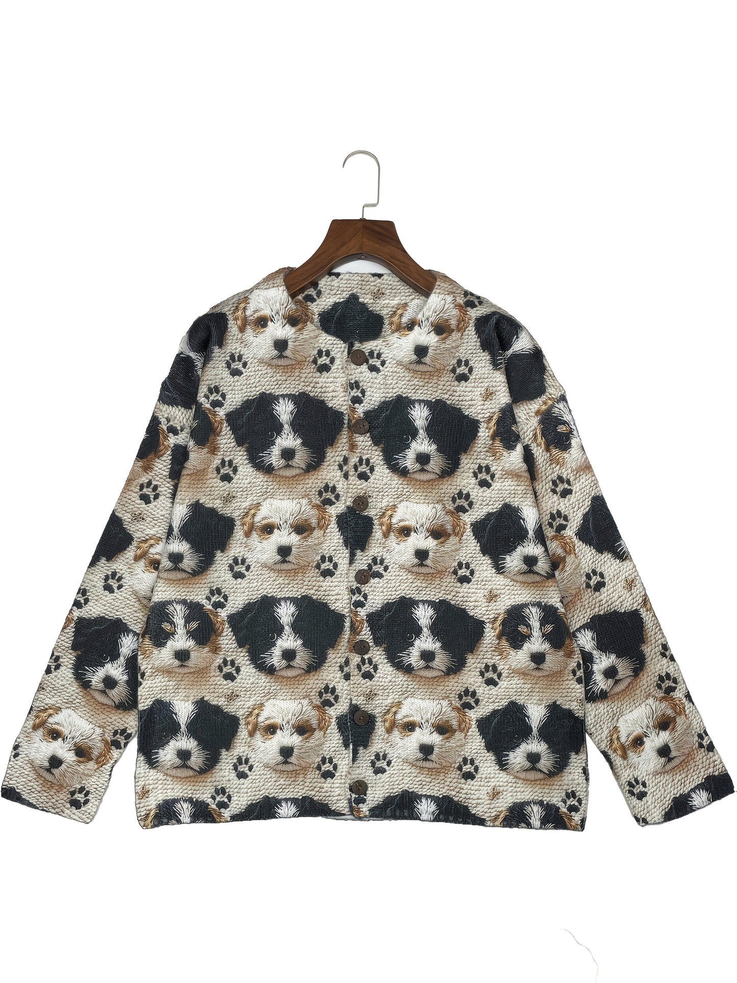 Women'S 3D Printed Cute Puppy Pattern Casual Cardigan - Fashionable Round Neck All-over Print Long Sleeve Coat, Front Button, Soft Fabric Sweater, Lightweight Four-season Outerwear, And Fashionable