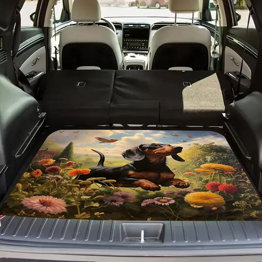 [Vibrant Dachshund Car Mat] 1pc Vibrant Garden Scene Large Dachshund Car Trunk Mat | Durable, Easy to Clean, Fit for All Vehicles, Playful Design with Flowers & Butterflies, Washable Material - Buy That Thang