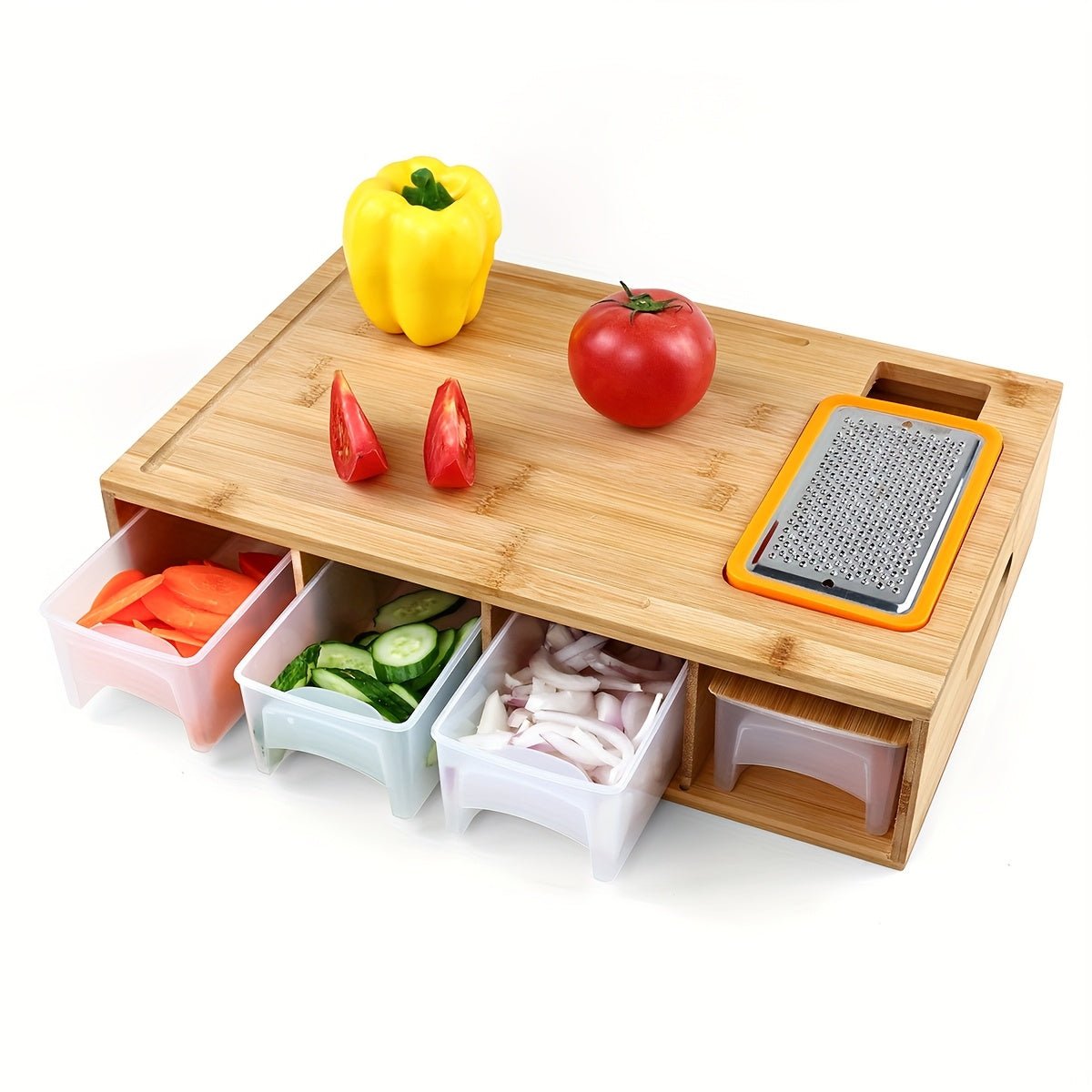 Bamboo Cutting Board Wooden Cutting Board with Food Container Storage Box Cheese Shredder and Juice Tank Suitable for Vegetables Cheese and Meat Type Wooden Cutting Board with Container Food Drop Area Carving Board with Easy - Buy That Thang
