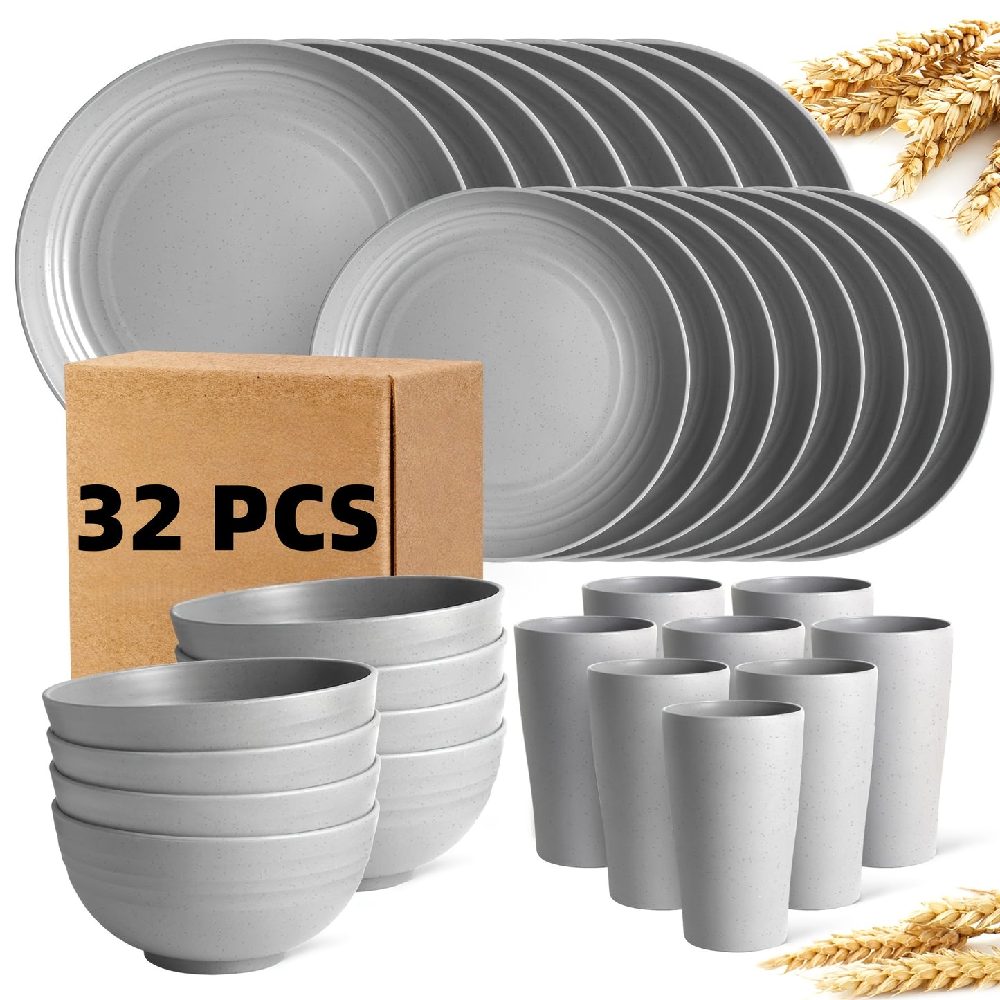 16/32pcs Kitchen Wheat Straw Large Size Dinnerware Set, For 4/8, Unbreakable Modern Dish Set Dinner Plate/Dessert Plate/Cereal Bowl/Cup, Dishwasher Safe, Lightweight Tableware, Camping And Everyday Use, Gifts For Men/Women/Ch
