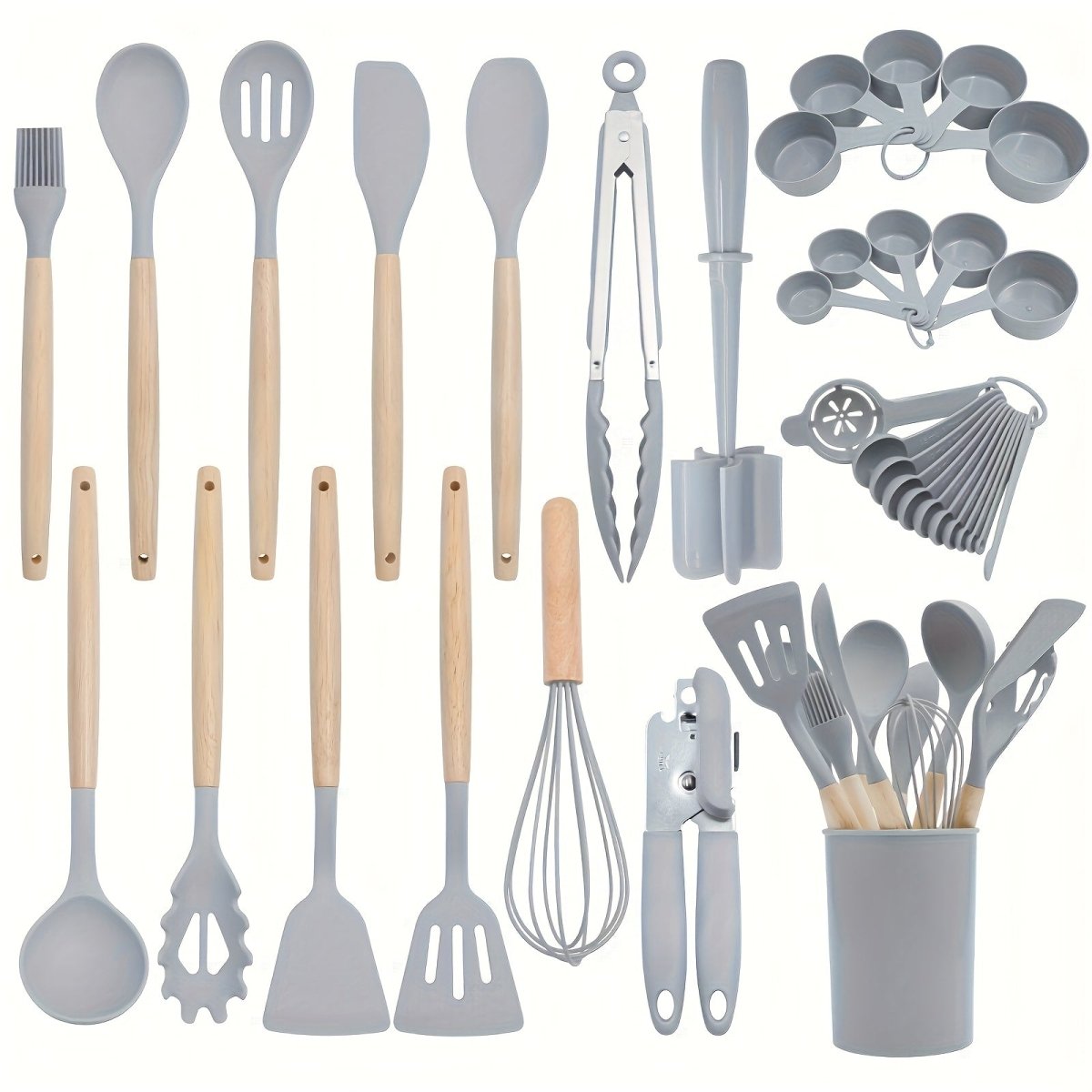 36pcs Nonstick Cookware Kitchen Utensil Set with Heat - Resistant Silicone & Non - Slip Wooden Handle - Heavy - Duty Food Grade Silicone Spatula, Tongs, Slotted Spoon, Ladle, Whisk, Turner, Pizza - like Opener for Pans, Grills, Fryi - Buy That Thang