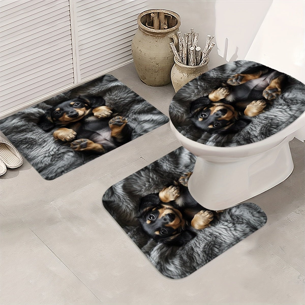 1/3/4pcs Cozy Puppy Shower Curtain Set - Adorable Dachshund Design with, U - Shaped & Toilet Lid Cover, 12 Hooks, 70.87x70.87inch, Polyester, All - Season Use, Dog Lover Home Decor, Dog Lover Gifts, Playful Design, Durable Fabric - Buy That Thang