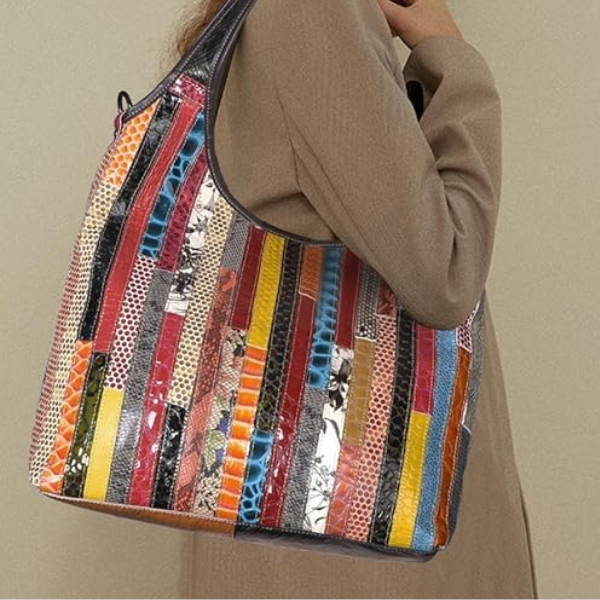 Women Leather with Large Capacity, Stylish Shoulder bag, With Layers Of Color Stripes Casual  One-shoulder Messenger Bag