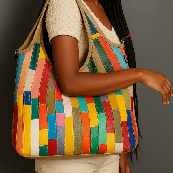 Women Leather with Large Capacity, Stylish Shoulder bag, With Layers Of Color Stripes Casual  One-shoulder Messenger Bag
