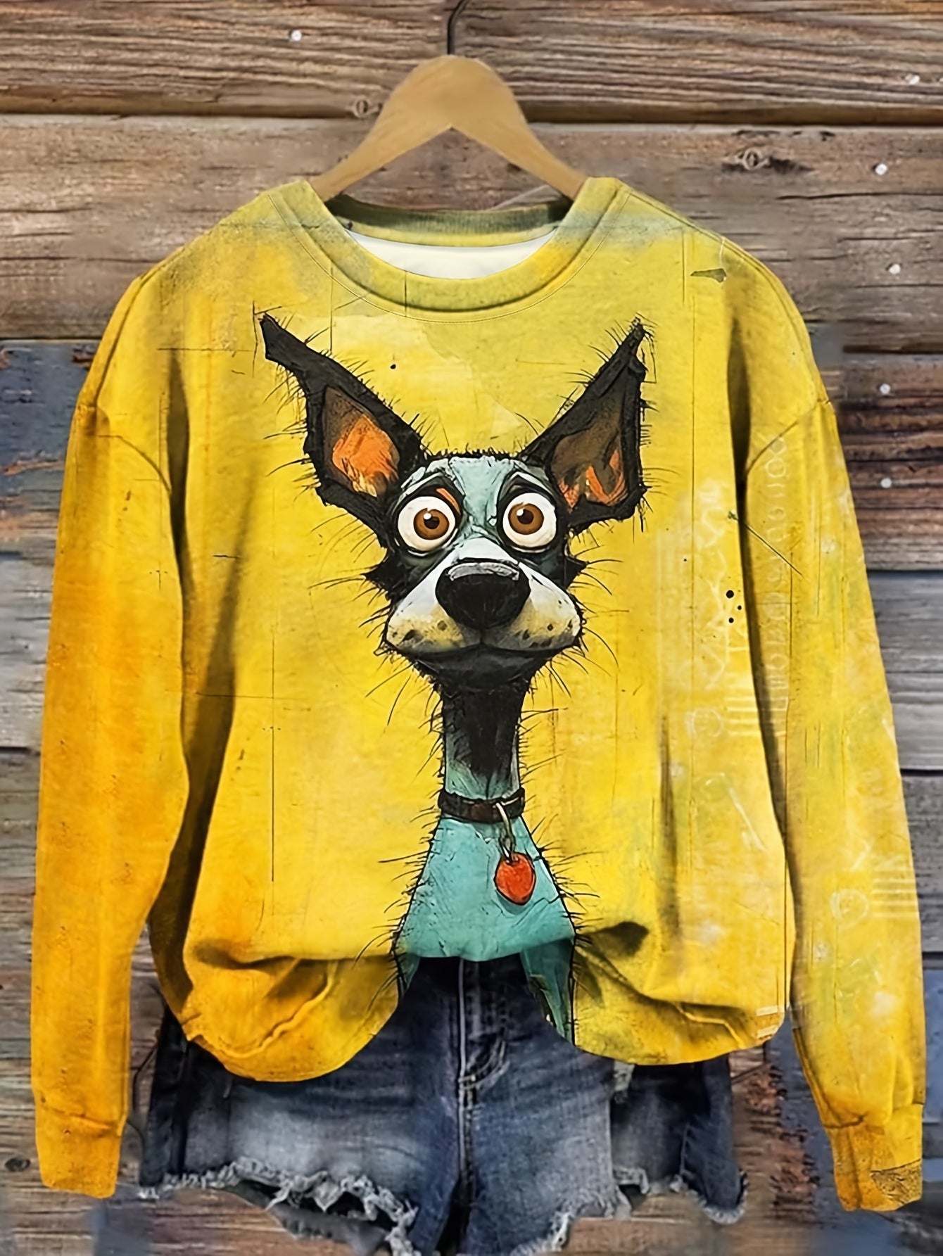 Women'S Casual Long Sleeve Crew Neck Sweatshirt with Playful Chihuahua Print - Vibrant Yellow, Loose Fit, All-Season Comfort, Casual Wear|Playful Print Top|Comfortable Fit