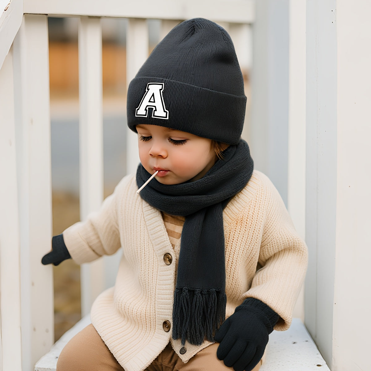 [Birthday/Christmas Gift] 3pcs Baby Alphabet Knit Hat, Scarf & Gloves Set - 26 Letters (A-Z) Warm Winter Outfit, Soft Knit Winter Wear for Boys & Girls, Birthday/Christmas Gift, Outdoor & School Cold-weather Essentials, Outdo