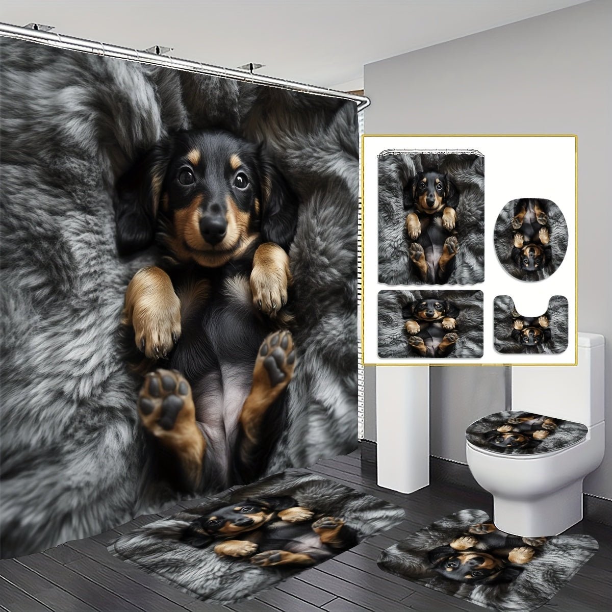 1/3/4pcs Cozy Puppy Shower Curtain Set - Adorable Dachshund Design with, U - Shaped & Toilet Lid Cover, 12 Hooks, 70.87x70.87inch, Polyester, All - Season Use, Dog Lover Home Decor, Dog Lover Gifts, Playful Design, Durable Fabric - Buy That Thang