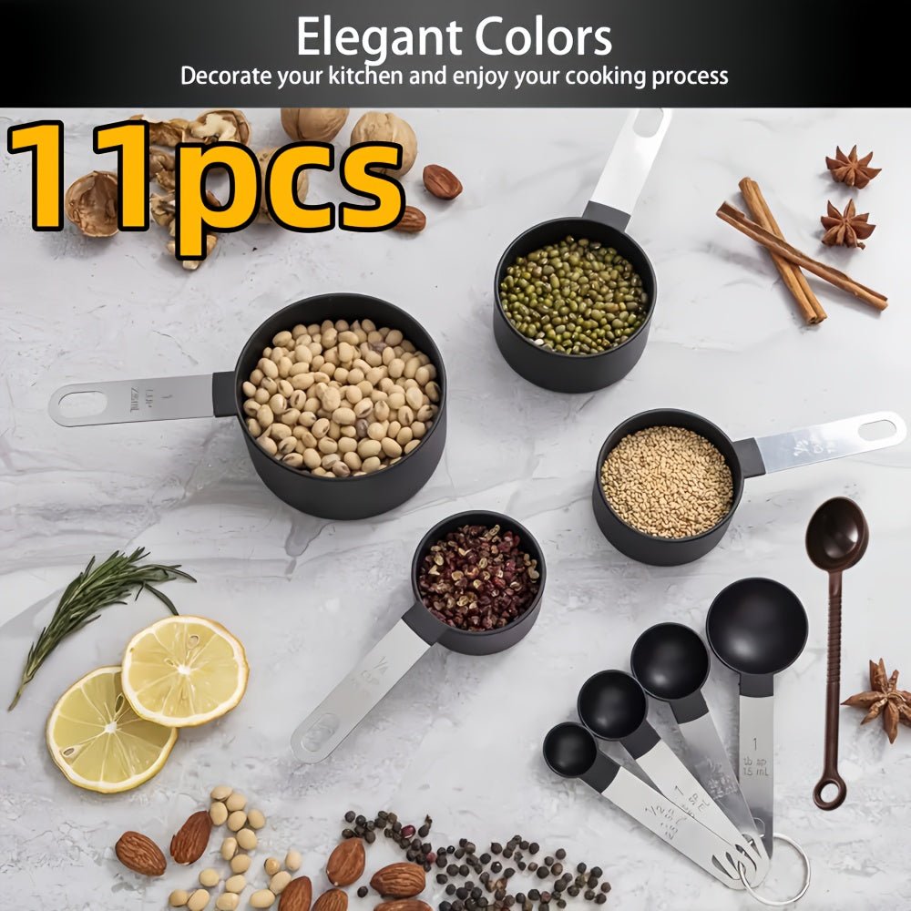 11pcs Stackable Measuring Cup and Spoon Set with Stainless Steel Handle - Durable Plastic Kitchen Tools, Clear Measurement Markings, Space - Saving Design for Precise Cooking, Baking, and Liquid/Dry Ingredient Measurements - Id - Buy That Thang